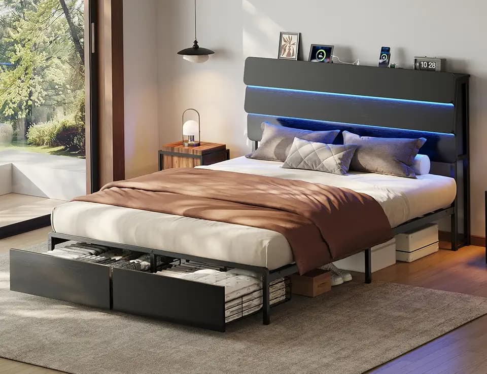 MapleGrace Full Size Bed Frame with Headboard & 2 Drawers, Black