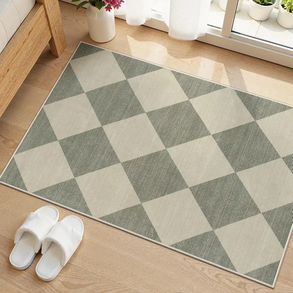 Beeiva Checkered Washable Entryway Rug 2x3, Non Slip Ultra Thin Green Front Door Mat Indoor Entrance Low Pile Small Kitchen Rug, Moroccan Contemporary Decor Neutral Accent Carpet for Bedroom Bathroom