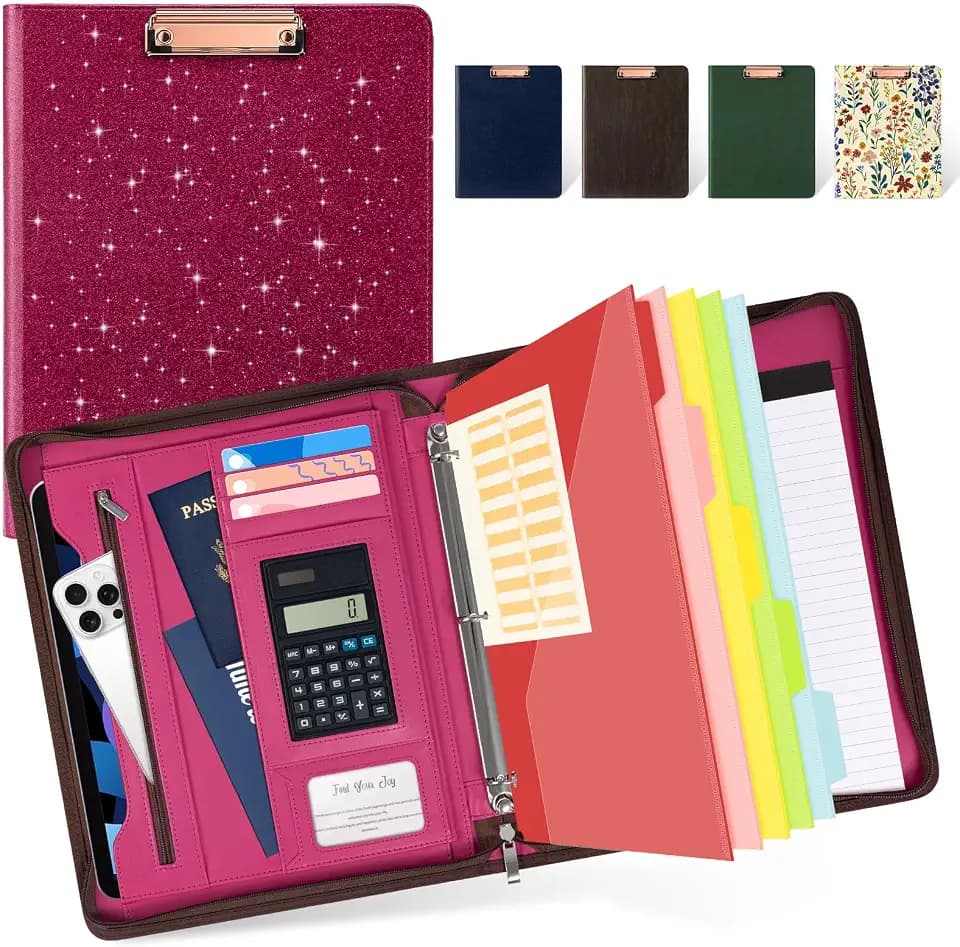 Ospelelf Zipper Clipboard with Storage, Leather Padfolio Portfolio Folder, 3 Ring Binder Dividers with Tabs, 12.1” Tablet Sleeve, Refillable Notepad, Card Slot (Rose Red)
