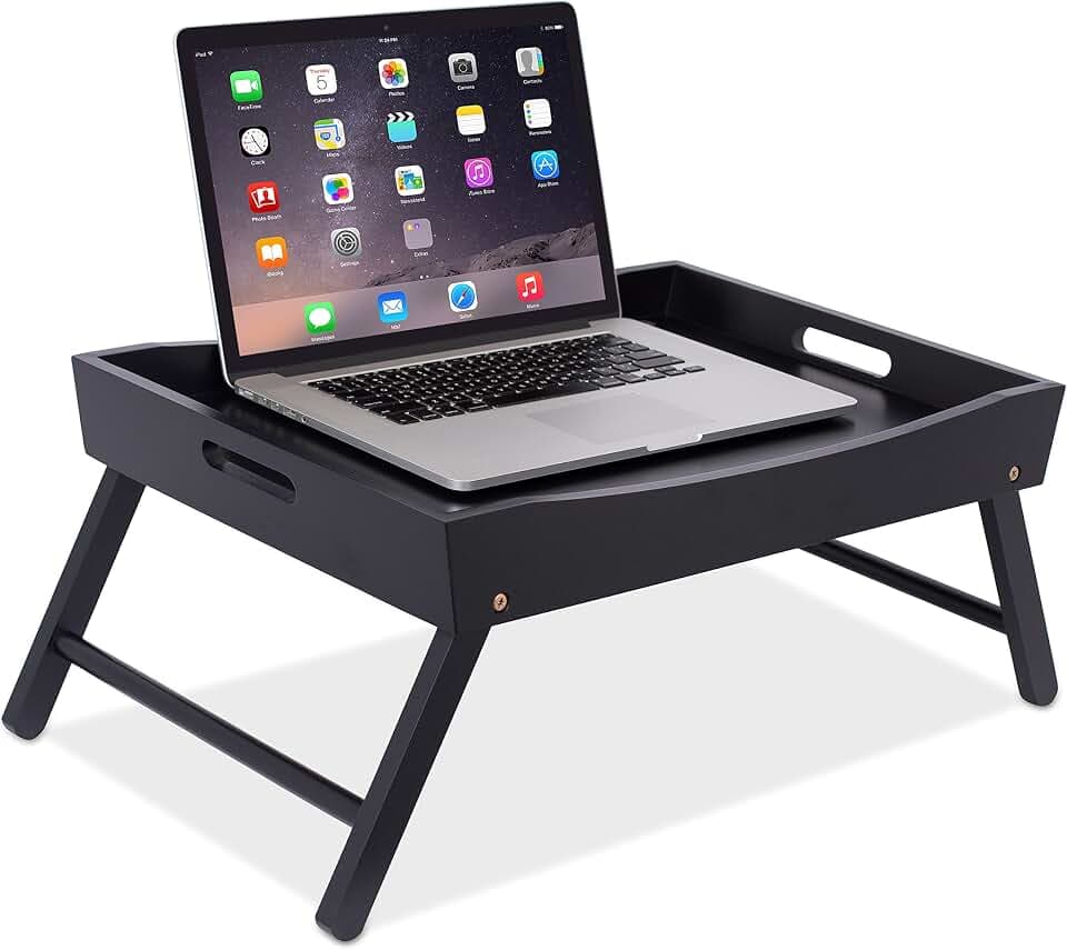 BIRDROCK HOME Wood Bed Tray for Eating | TV Tray with Folding Legs | Wide Breakfast Serving Lap Desk with Sides & Handles | Laptop Table | Foldable Study Writing Table | Adjustable Food Tray | Black