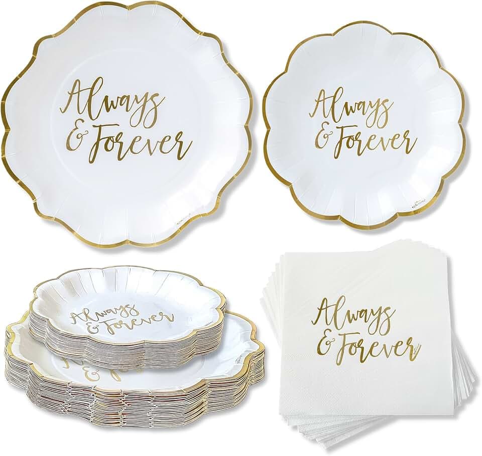 Kate Aspen Always & Forever Wedding Paper Plates and Napkins Set - 72 Piece Wedding Plates Disposable Party Tableware for 24 Guests - Bridal Shower Decorations, Engagement Party Decor