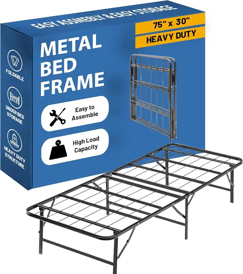 Nutan, 14-Inch Foldable Metal Platform Bed Frame with Tool Free Setup, Sturdy Steel, No Box Spring Needed, 75" x 30", Black
