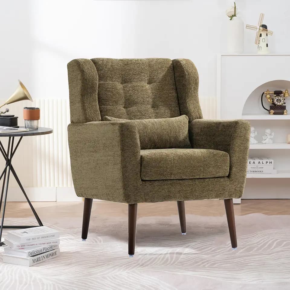 KEIKI Modern Accent Chair Chenille Armchair with Pillow, Upholstered Arm Chairs with Solid Wood Legs, Soft Padded Lounge Chair Mid Century Reading Chair for Living Room, Bedroom, Olive Green