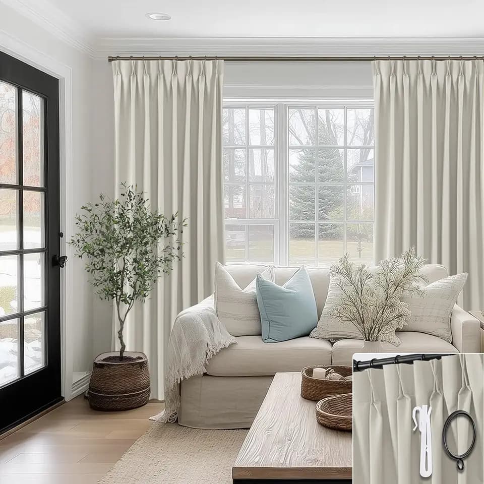 SHINELAND 102 Inch Long Oatmeal Colored Blackout Curtains, Neutral Greige Refined Linen Look Thermal Pleated Drapes for Living Room with Track System or Floor to Ceiling Hanging, 2 Panels Set