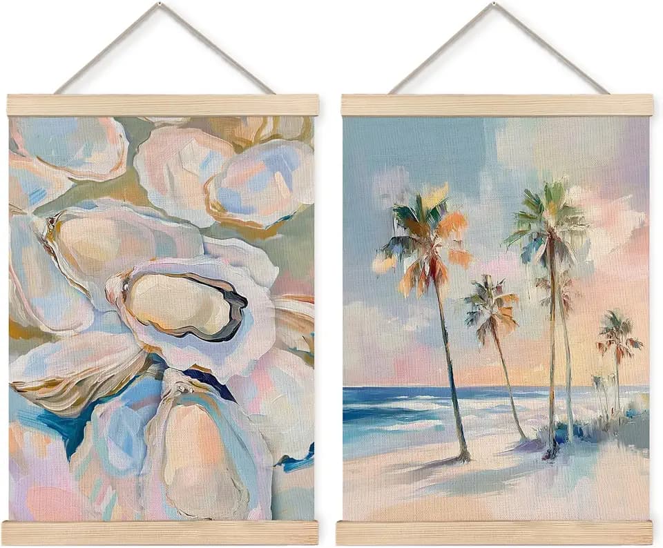 Foritho Coastal Beach Poster Wall Art Framed, Preppy Beach Room Decor, Oyster Tropical Palm Tree Coastal Beachy Canvas Prints Wall Decor for Home Bedroom Living Room, 12x16 Inch Set of 2