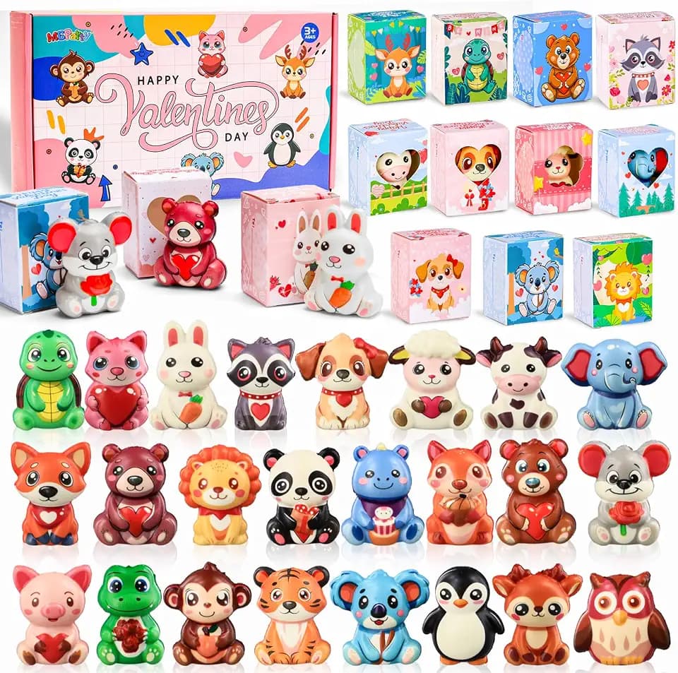 24 Pack Valentine’s Day Gifts for Kids Classroom, Cute Animal Stress Relief Squishy Toys in Prefilled Boxes, Valentines Classroom Exchange Party Favors Goodie Bag Stuffers