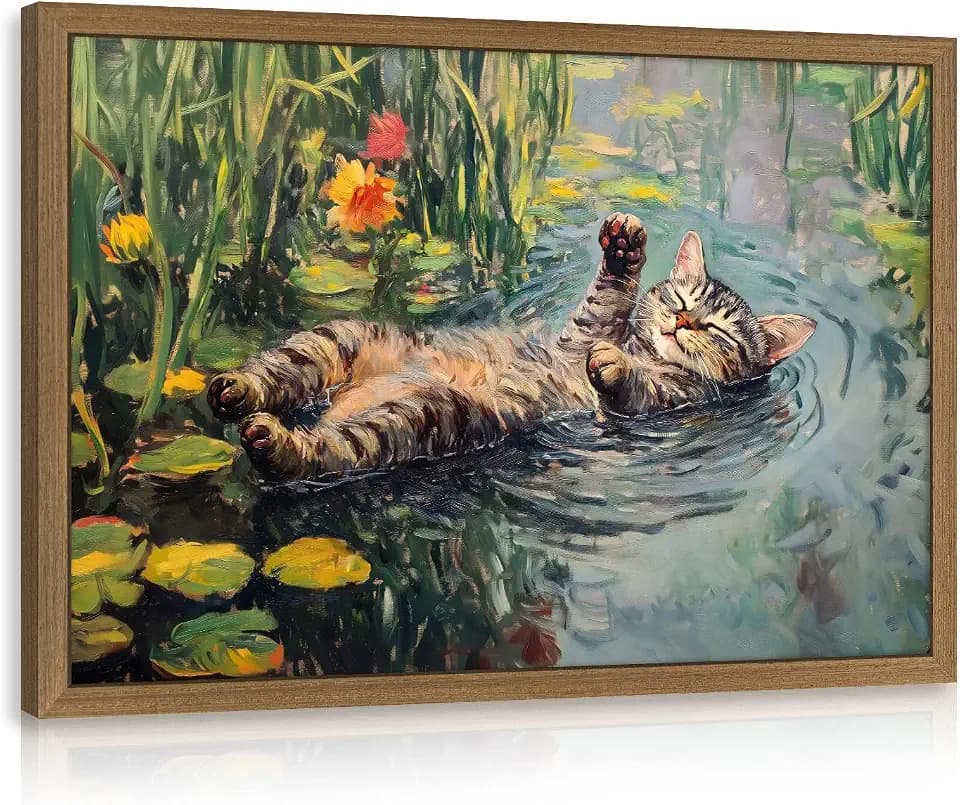 Framed Monet Brown Tabby Cat Wall Art, Cute Cat Pictures Wall Decor 16x24In