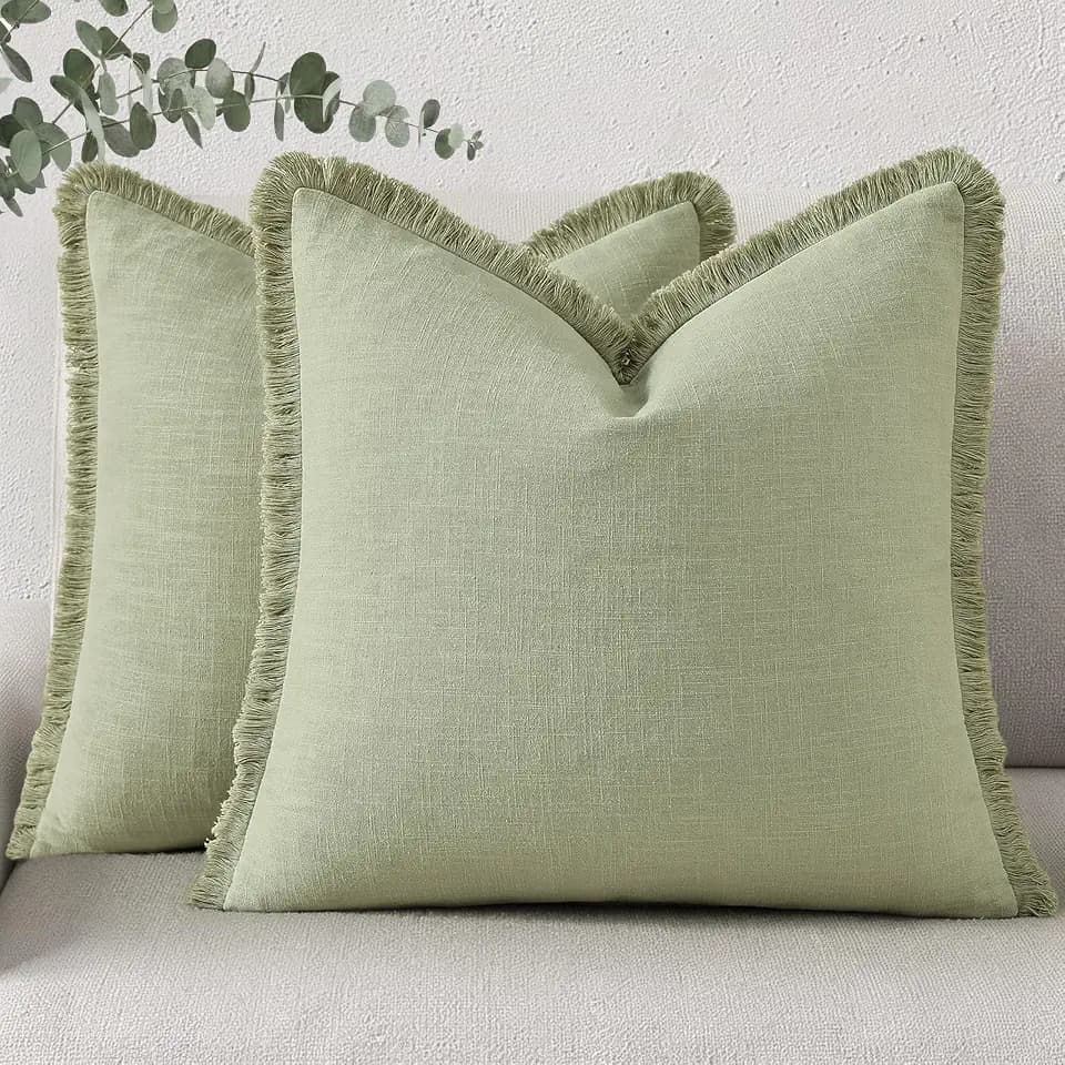 decorUhome Linen Fringe Sage Green Throw Pillow Covers 22x22 Set of 2