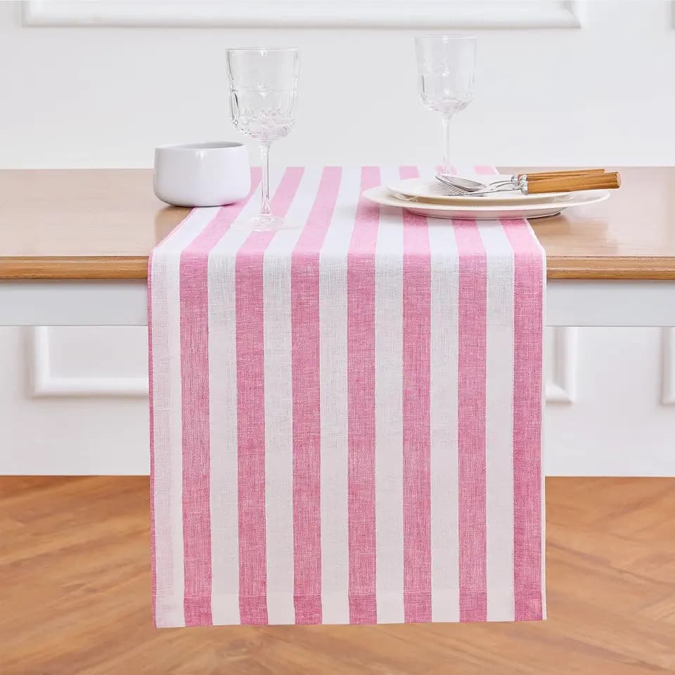 Solino Home 100% Pure Linen Table Runner, 14 x 72 in, Rose and White Stripe
