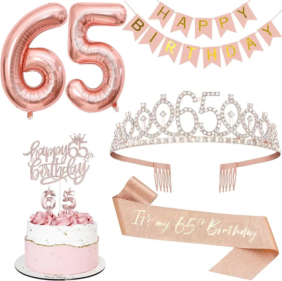 65th Birthday Decorations for Women, Tiara and Sash Party Kit
