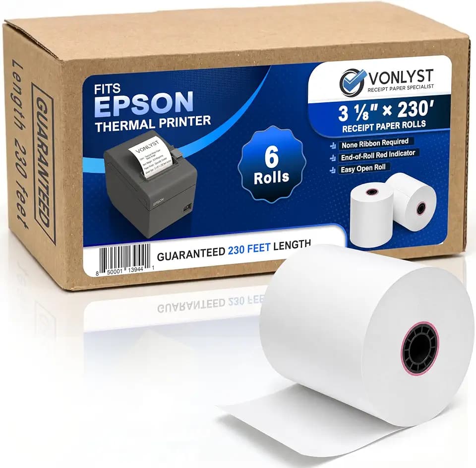 3 1/8 x 230 Thermal POS Rolls for Epson Printers, BPA Free Thermal Printing Compatible with TM-T88 TM-T70 TM-T80 TM-T85 TM-H6000 T90 Series, Credit Card Machine & POS Printer Supplies, Pack of 06