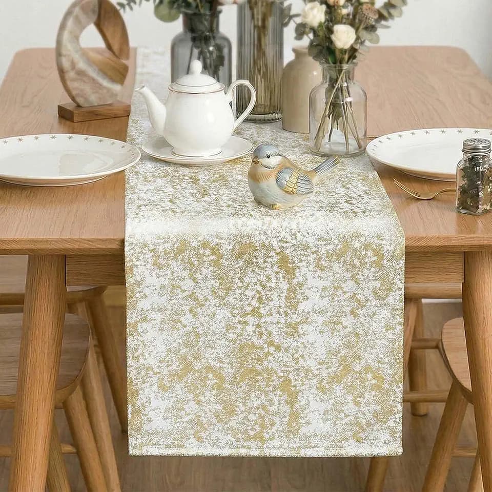 Metallic Gold Foil Design Velvet Table Runner, 13 x 36 Inch