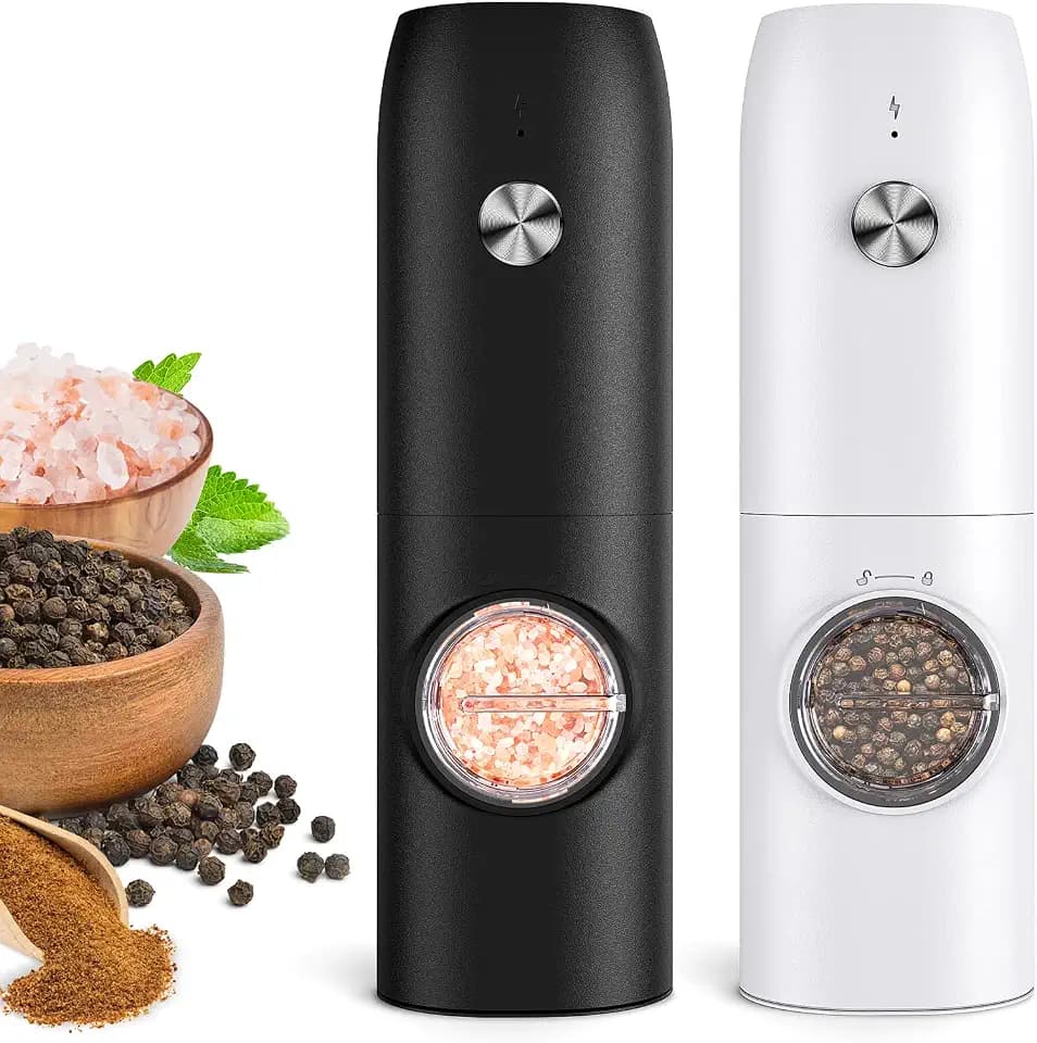 Electric Salt and Pepper Grinder Set, Rechargeable Automatic Salt and Pepper Shakers, Adjustable Coarseness Pepper Grinder with Led, Kitchen Appliances Gifts for Mom(Blackwhite)