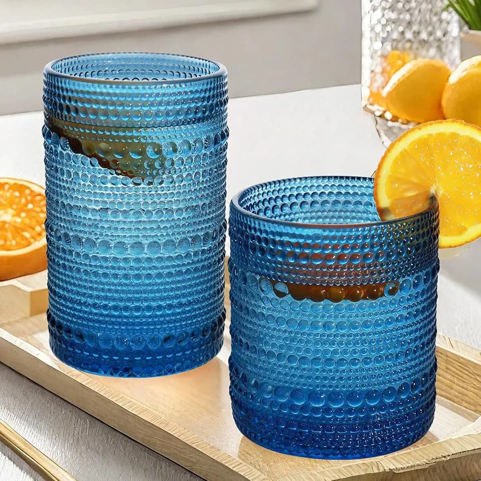 Vintage Hobnail Drinking Glass Set of 8-12 oz Highball & 10 oz Cocktail Tumblers for Whiskey, Juice, Milk