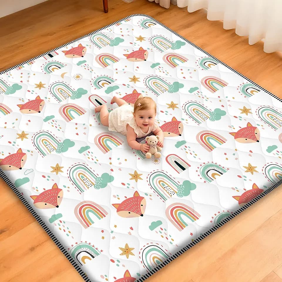 Baby Play Mat for Floor,71x59 Inch Soft Padding Crawling Mat for Playpen, Foldable and Machine Washable, Thick for Babies & Toddlers,Rainbow Fox