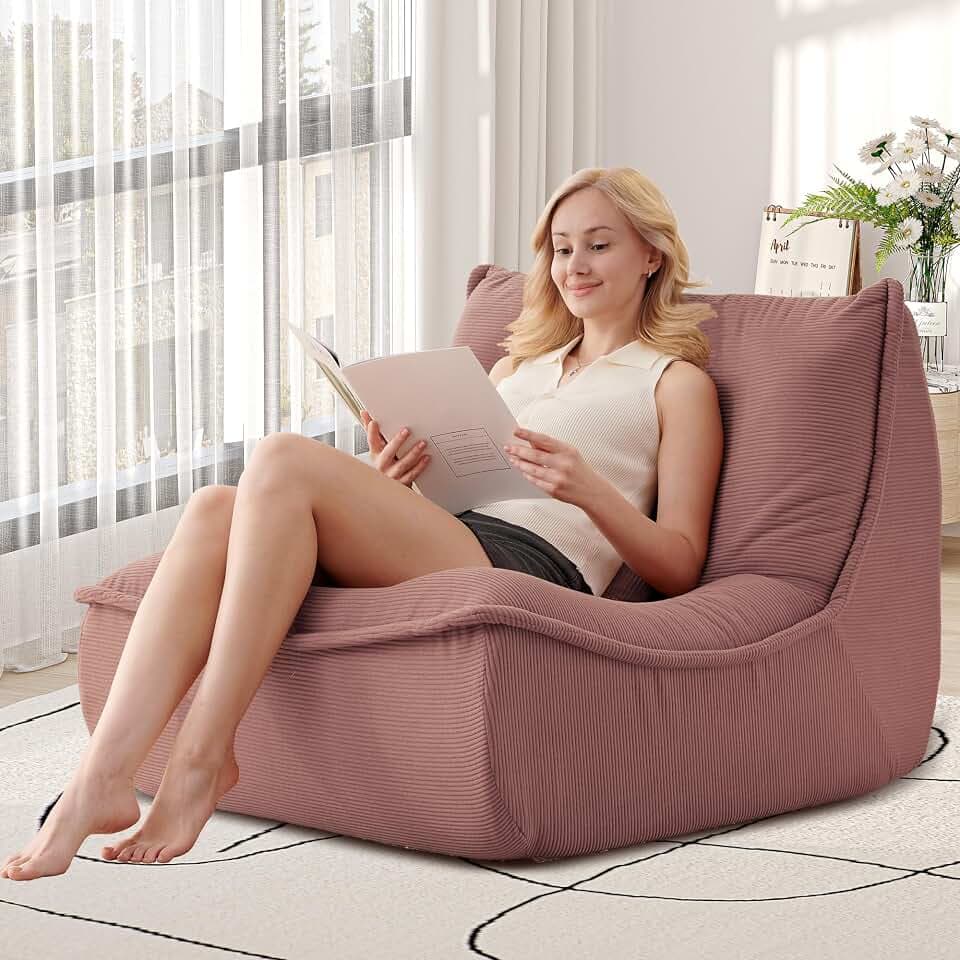Bean Bag Chair for Adults, Single Lounge Chair with Lumbar Pillow, Comfy Floor Sofa with High-Resilience Foam, Lazy Accent Chair for Living Room, Bedroom, Apartment, Or Reading Corner, Pink