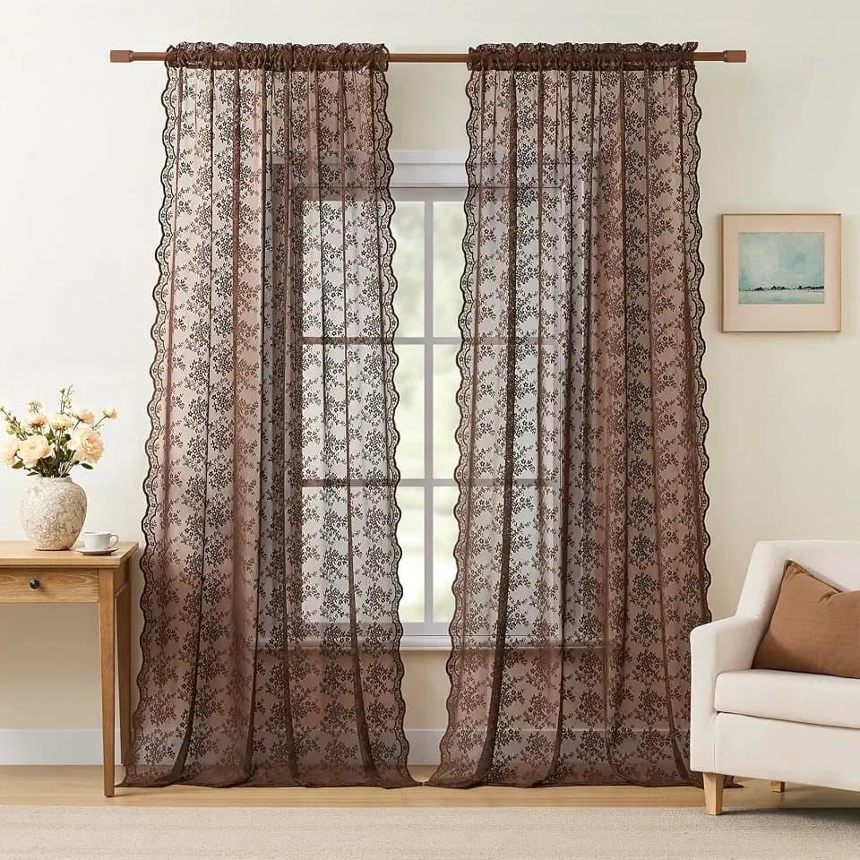 YJ YANJUN Vintage Lace Curtains 84 Inches Long-Victorian Floral Boho Brown Sheer Curtains for Living Room Bedroom, Light-Filtering Rustic Farmhouse Window Treatment, Chocolate 2 Panels 52W x 84L
