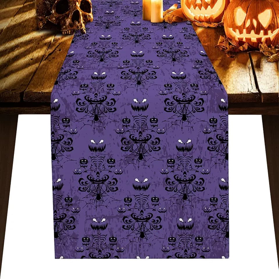 Linen Burlap Table Runner Dresser Scarves, Haunted Halloween Mansion - Grim Grinning Ghosts Decor Rectangular Table Runners for Party Decoration Baby Shower Birthday Bachelor Party Holiday 13x36Inch