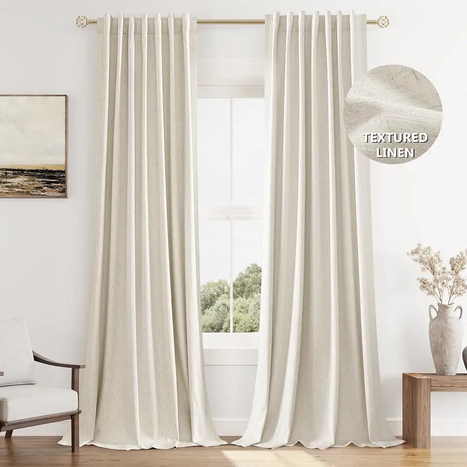 Guken 100% Blackout Linen Curtains 90 Inch Long for Bedroom 2 Panels Linen