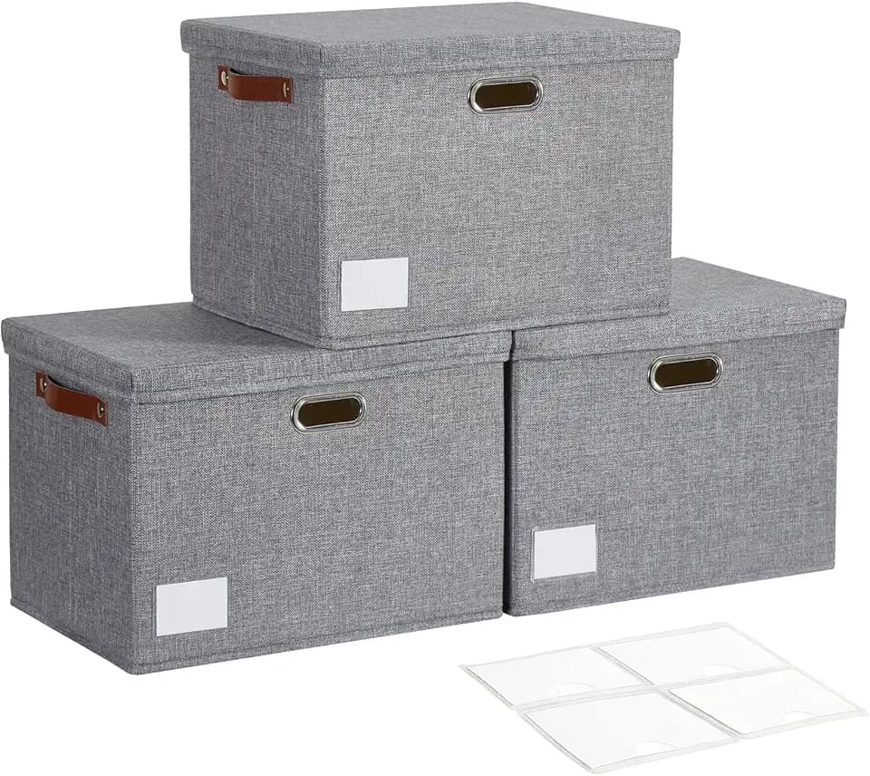17" Large Fabric Storage Box with Lids, 3-Pack, Gray