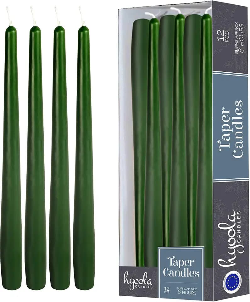 Hyoola 12 Pack Tall Taper Candles - 10 Inch Hunter Green Dripless, Unscented Dinner Candle - Paraffin Wax with Cotton Wicks - 8 Hour Burn Time