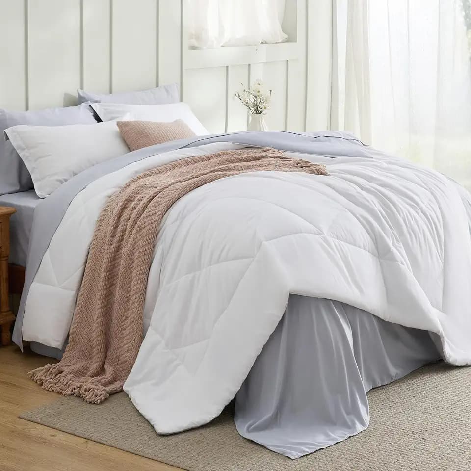 Bedsure Queen Bed in a Bag Reversible Bed Set 7 Pieces White/Light Grey