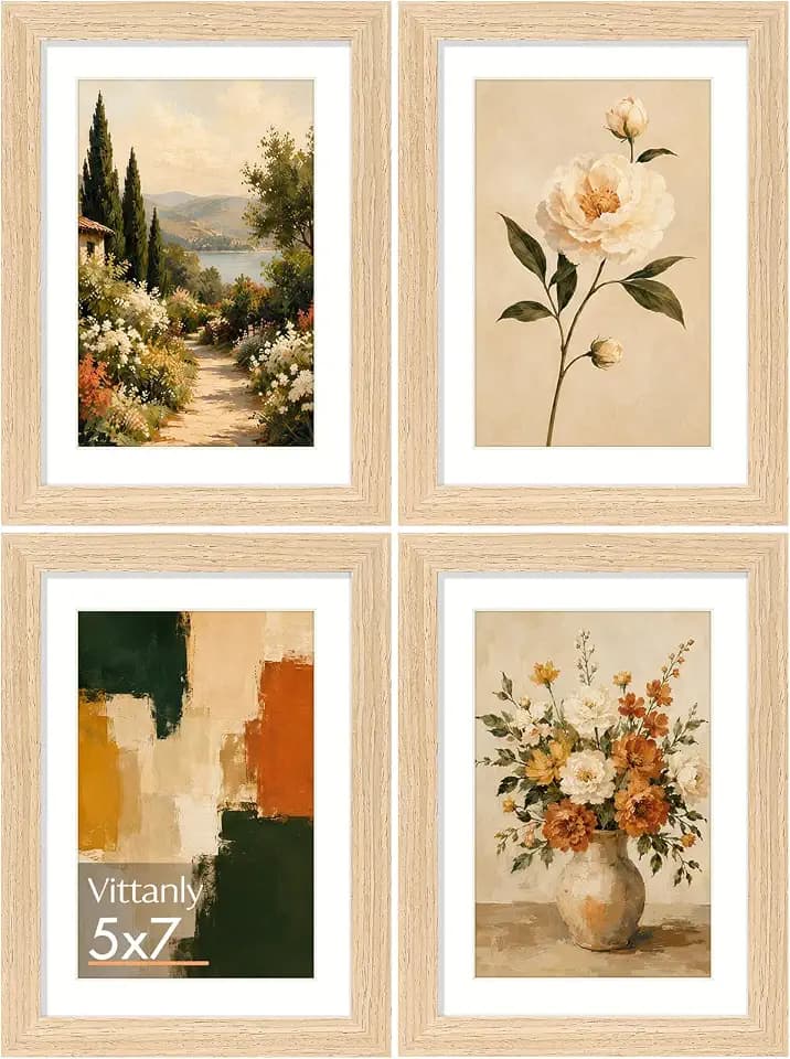 Vittanly Solid Wood 5x7 Picture Frame with Mat, Natural, 4 Pack