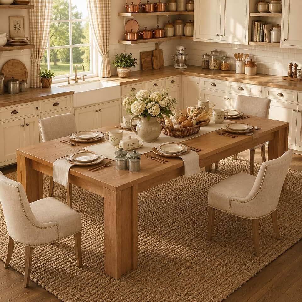 Garvee 71" Farmhouse Dining Table for 4-6, Wood Kitchen Table with Thick Tabletop, Wood Strip Base, Wider Legs, Large Rectangular Dining Room Table for Kitchen, Apartment & Family Gatherings, Cherry