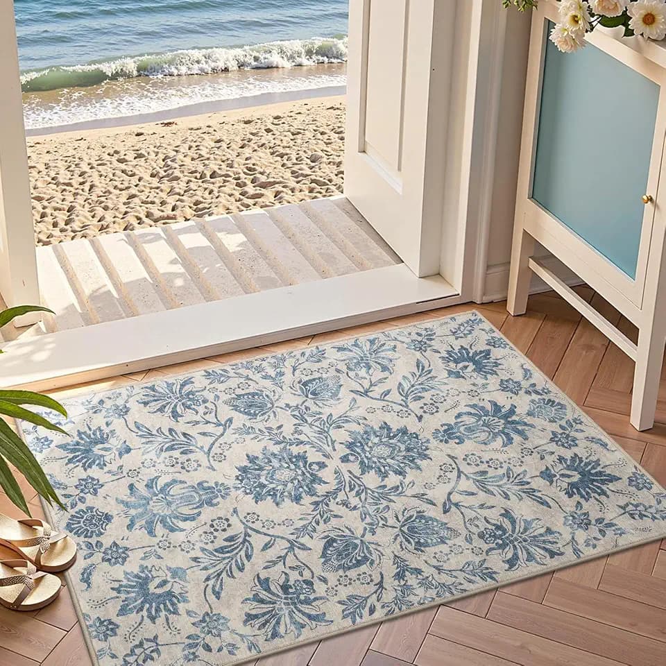 jinchan 2x3 Washable Entryway Area Rug, Vintage Floral Non-Slip, Dark Blue