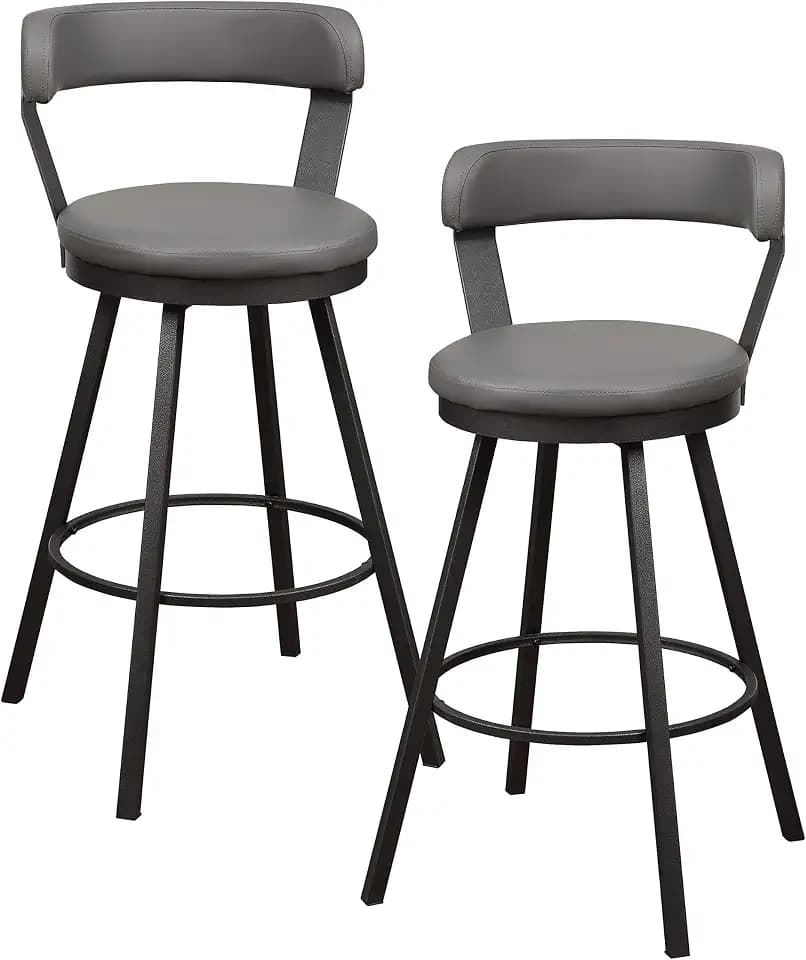 Lexicon Bar Stools Set of 2 - Appert Upholstered Swivel Barstools with Backs, Sturdy Metal Frame, Legs, 30 Inch Seat Height, Leather, Padded Seat, Back Rest, Foot Rest Bar, Kitchen Counter Gray