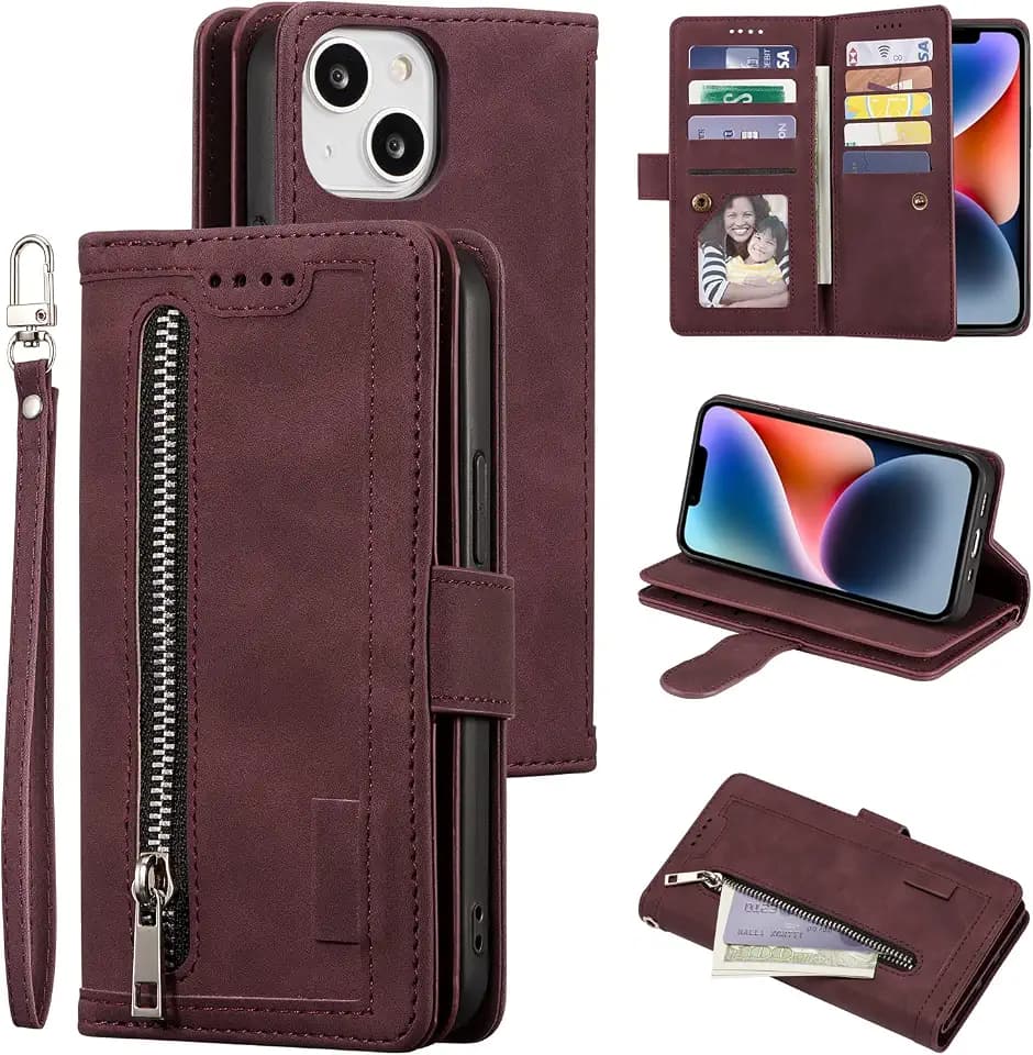 UEEBAI Hülle für iPhone 14, Retro Leder Klapphülle, Wein Rot