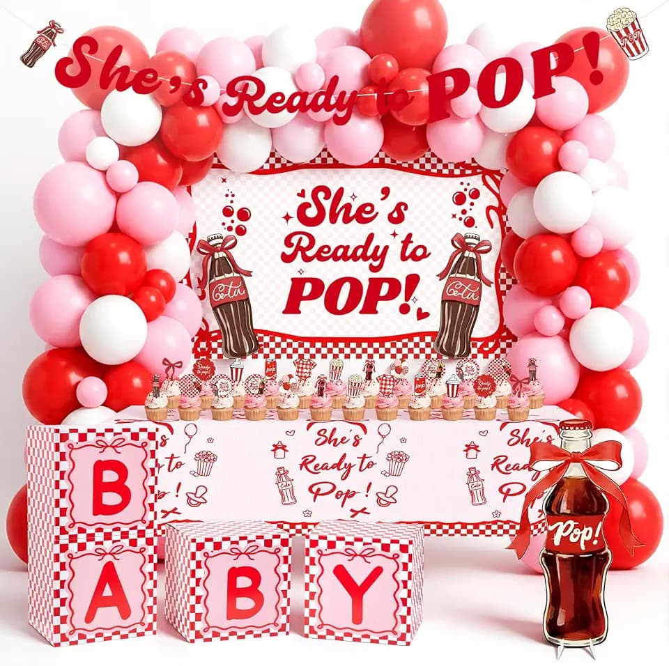 119Pcs She's Ready to Pop Baby Shower Decorations for Girl Soda Pop Theme Party Supplies with Red Pink White Balloon Garland Arch Kit Backdrop Tablecloth Banner Baby Boxes and Cake Toppers