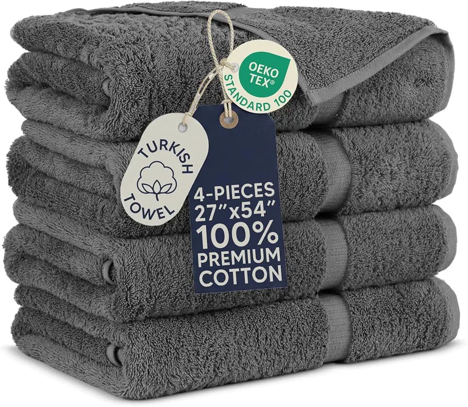 Towel Bazaar Bath Towels 27x54, 4-Pack 100% Turkish Cotton, Dark Gray
