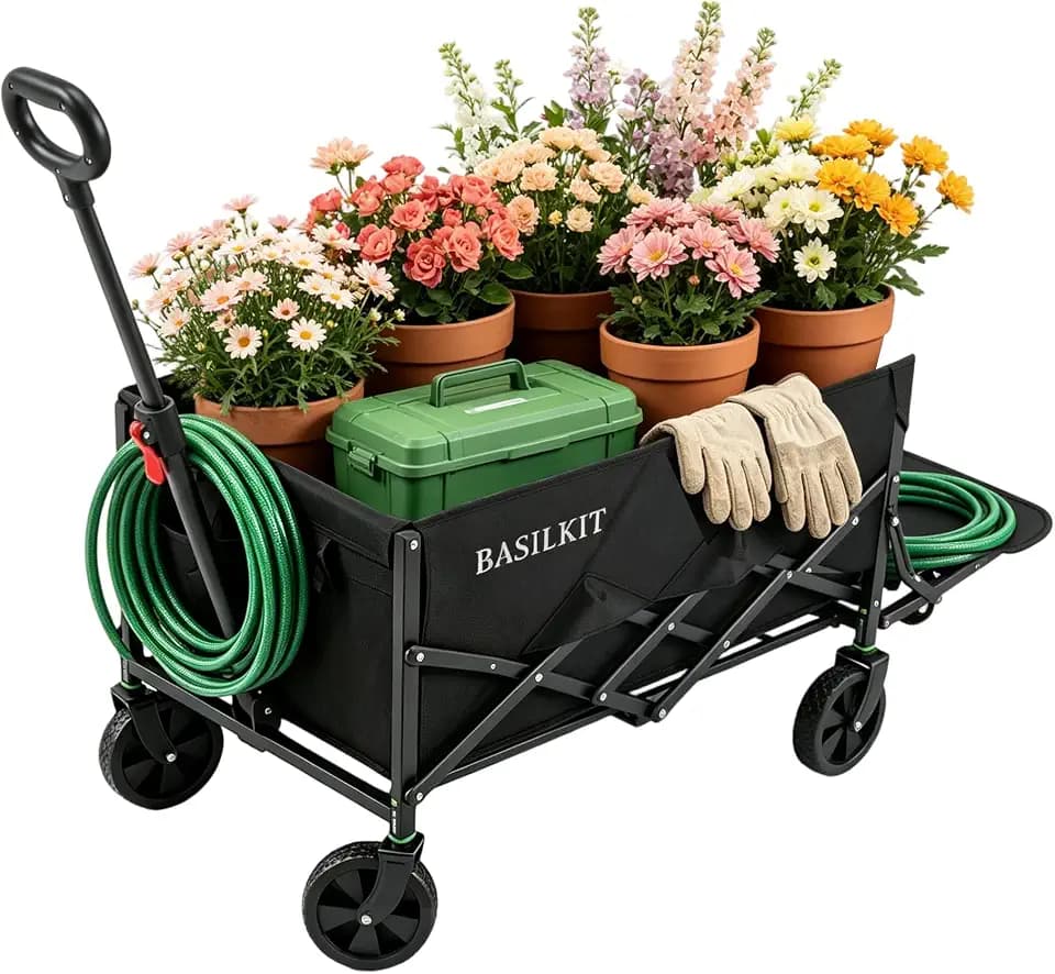 Collapsible Garden Cart, 220LBS Capacity Foldable Wagon with Extendable Tailgate, 360° Rotating Handle, All-Terrain Wheels, 600D Waterproof Oxford Fabric, Utility Cart for Camping, Beach & Grocery