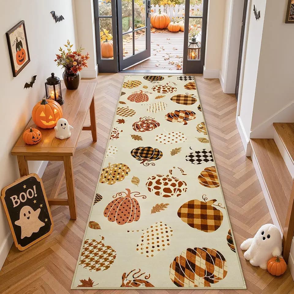 2.5x8 Beige Halloween Fall Pumpkin Hallway Runner Rug for Kitchen Entryway