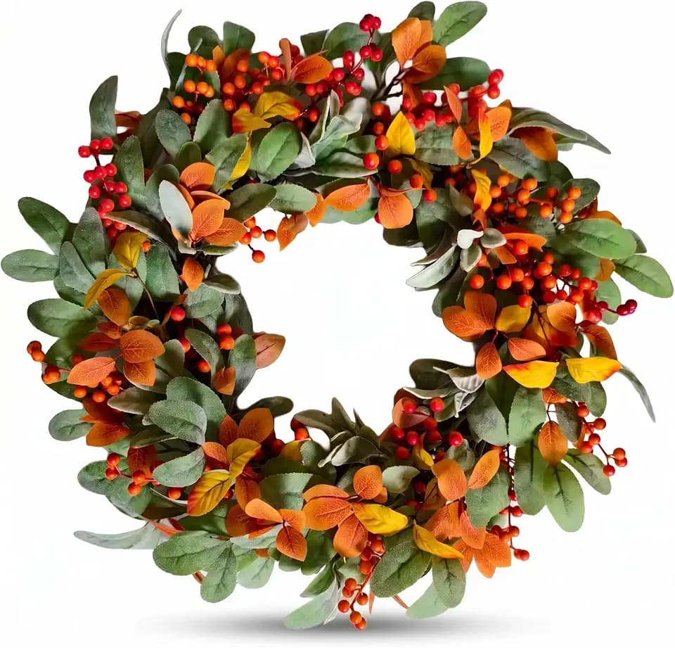 24 Inch Artificial Fall Wreath for Front Door, Autumn Wreath with Yellow Leaves, Grey Lamb's Ear & Orange Berries, Farmhouse Fall Decor for Harvest Thanksgiving Home Window Wall Decoration