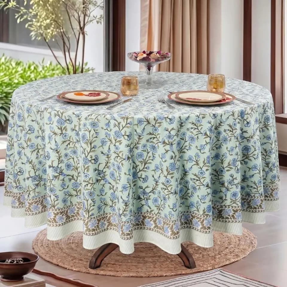 Ridhi Block Print Round Tablecloth Laurel Army Green 60 Inch 100% Cotton