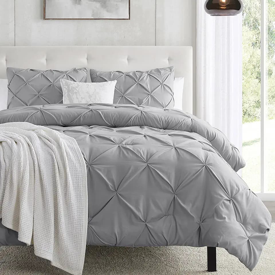 Nestl Grey Duvet Cover Queen Size - Soft Double Brushed Duvet Set with Button Closure & Corner Ties, 3 Piece Luxurious Pinch Pleated Duvet Cover Set 90x90 Inches with 2 Pillow Shams