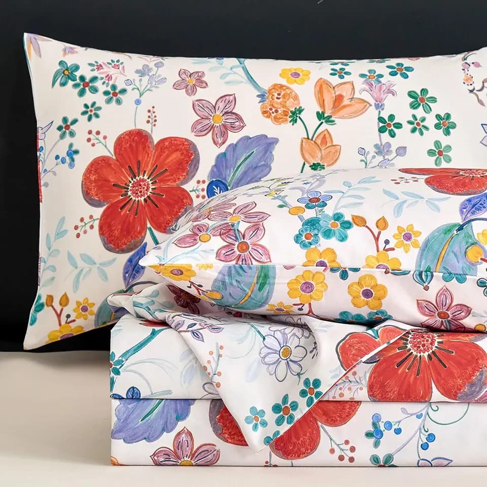 Zusbest Floral Sheets Queen Size 100% Percale Cotton Red & Teal Cute Bed Sheet Set, Soft Breathable Crisp Watercolor Flower Botanical White Bedding, Deep Pocket Fitted Sheet 17.5‘’, 4Pcs, Queen