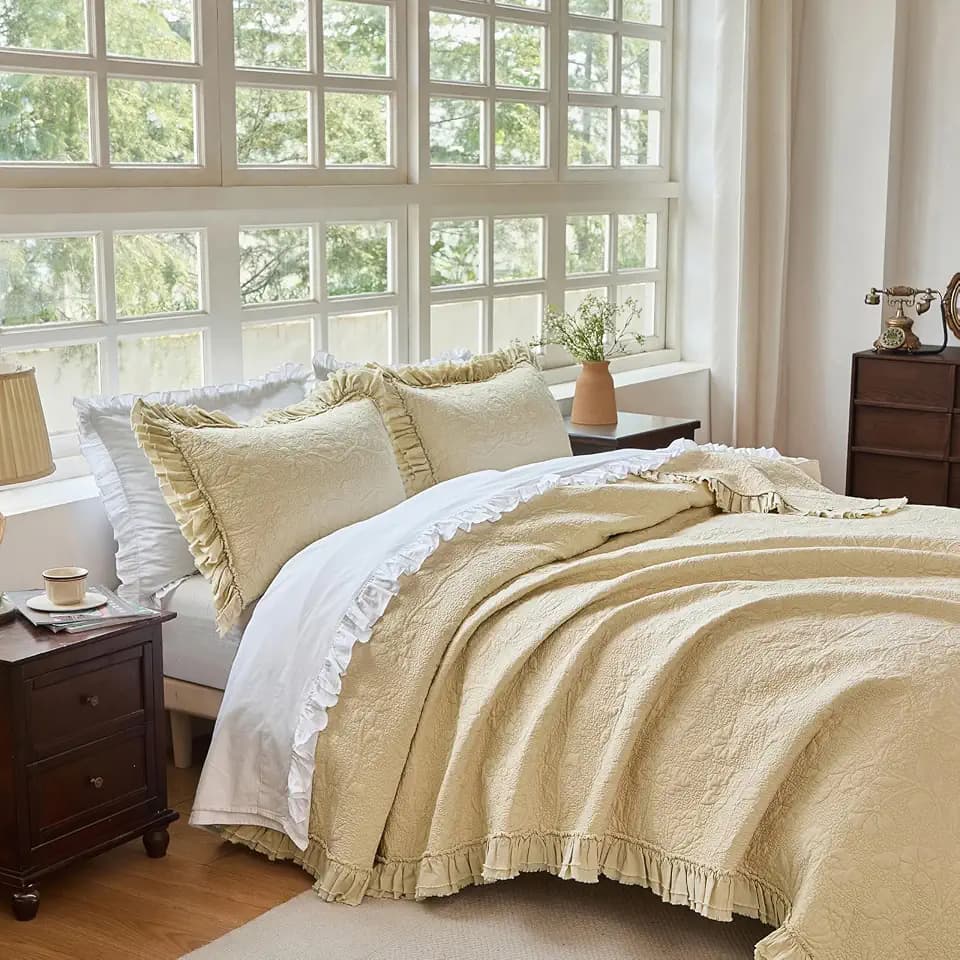 Brandream Beige Ruffled Quilt Set Queen Cotton Matelasse Coverlet 3PC