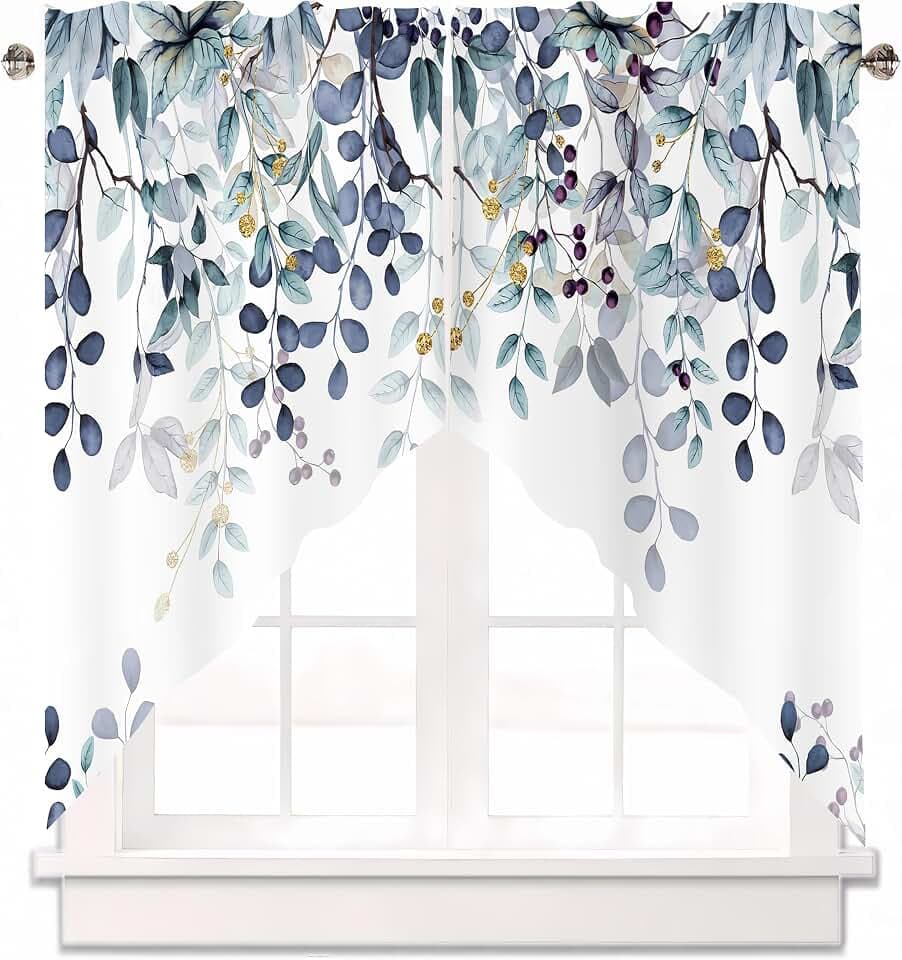 Dark Blue Eucalyptus Leaves Swag Curtains 1 Pair, 36x63 in