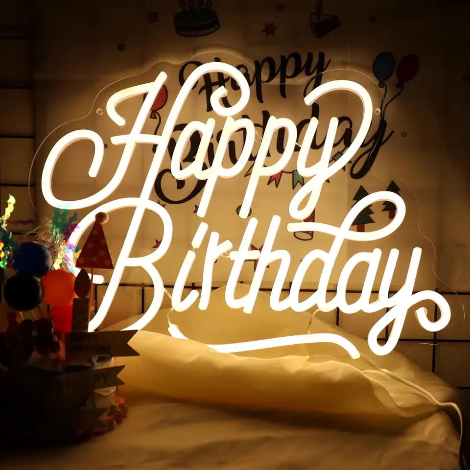 Happy Birthday Neon Sign For Backdrop Birthday Decorations LED Neon Light Signs for Birthday Led Light Up Sign Party Decor Dimmable Warm White LED for Birthday Gift 16.5"×12.4"