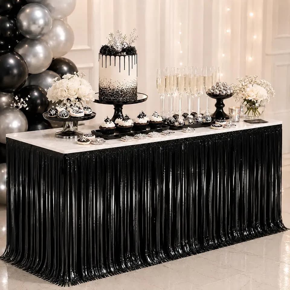 6-Pack Black Foil Fringe Table Skirt, Disposable Metallic Tinsel Streamers, Photo Backdrop Party Decorations for Graduation, Halloween, Wizard Theme, Casino, New Year & Float Parade, 29x108 Inch