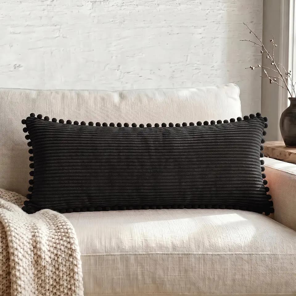Fancy Homi 1 Pack Black Long Lumbar Body Decorative Throw Pillow Covers 14x36 Inch with Pom-poms for Couch Sofa Bed, Farmhouse Boho Rustic Decor, Soft Corduroy Rectangle Solid Pillow Case 35x91 cm