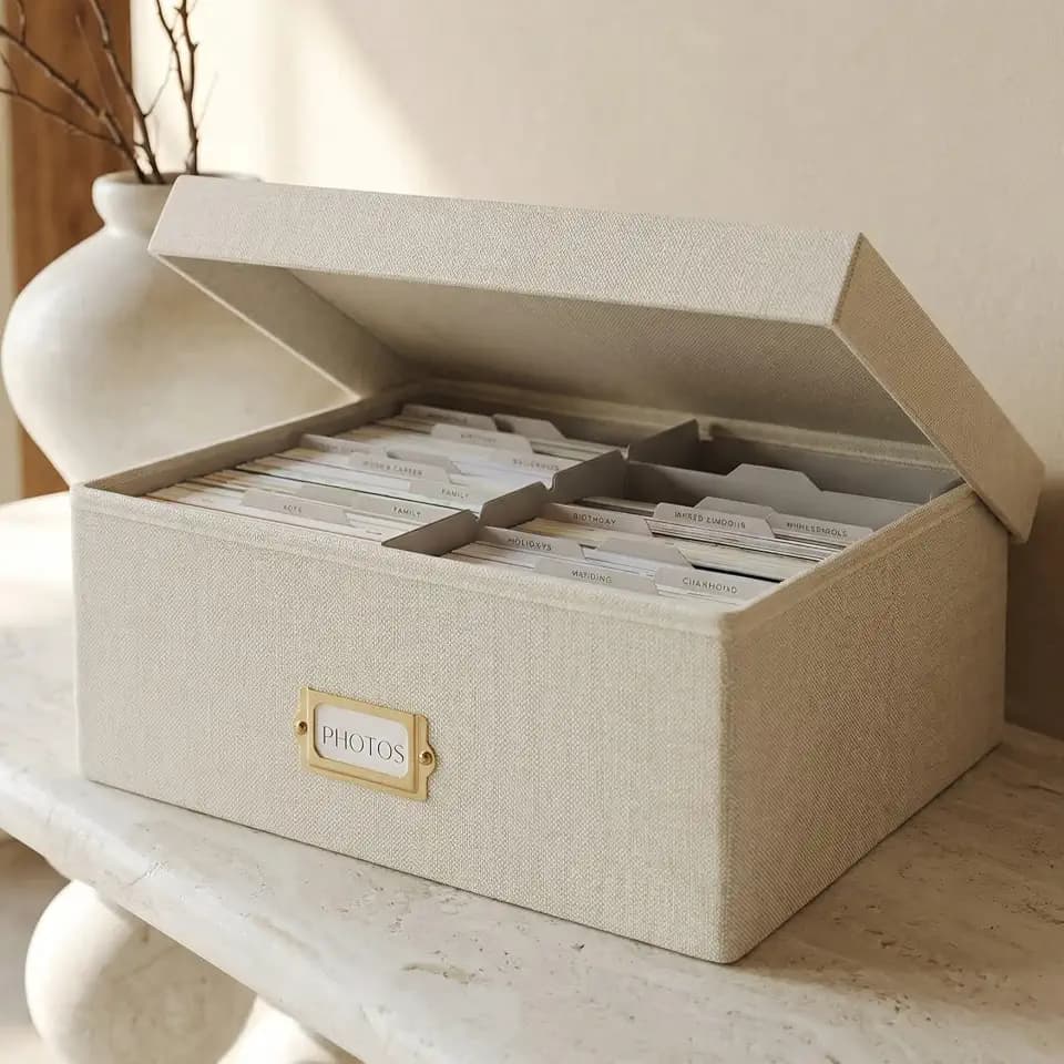Decorative Photo Storage Box - Sturdy Linen Organizer Holds 1700 Photos