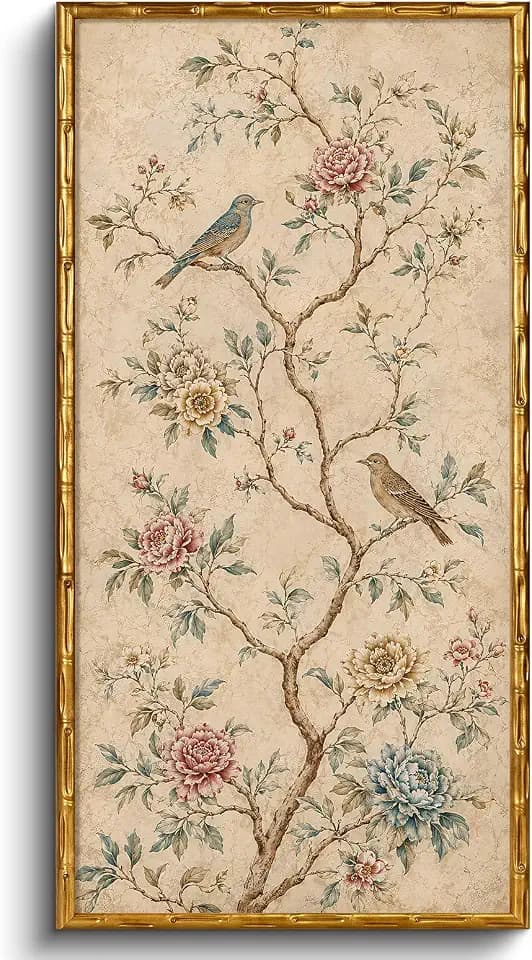 InSimSea Gold Bamboo Framed Wall Art, Asian Bird Flower Prints, 20x40In
