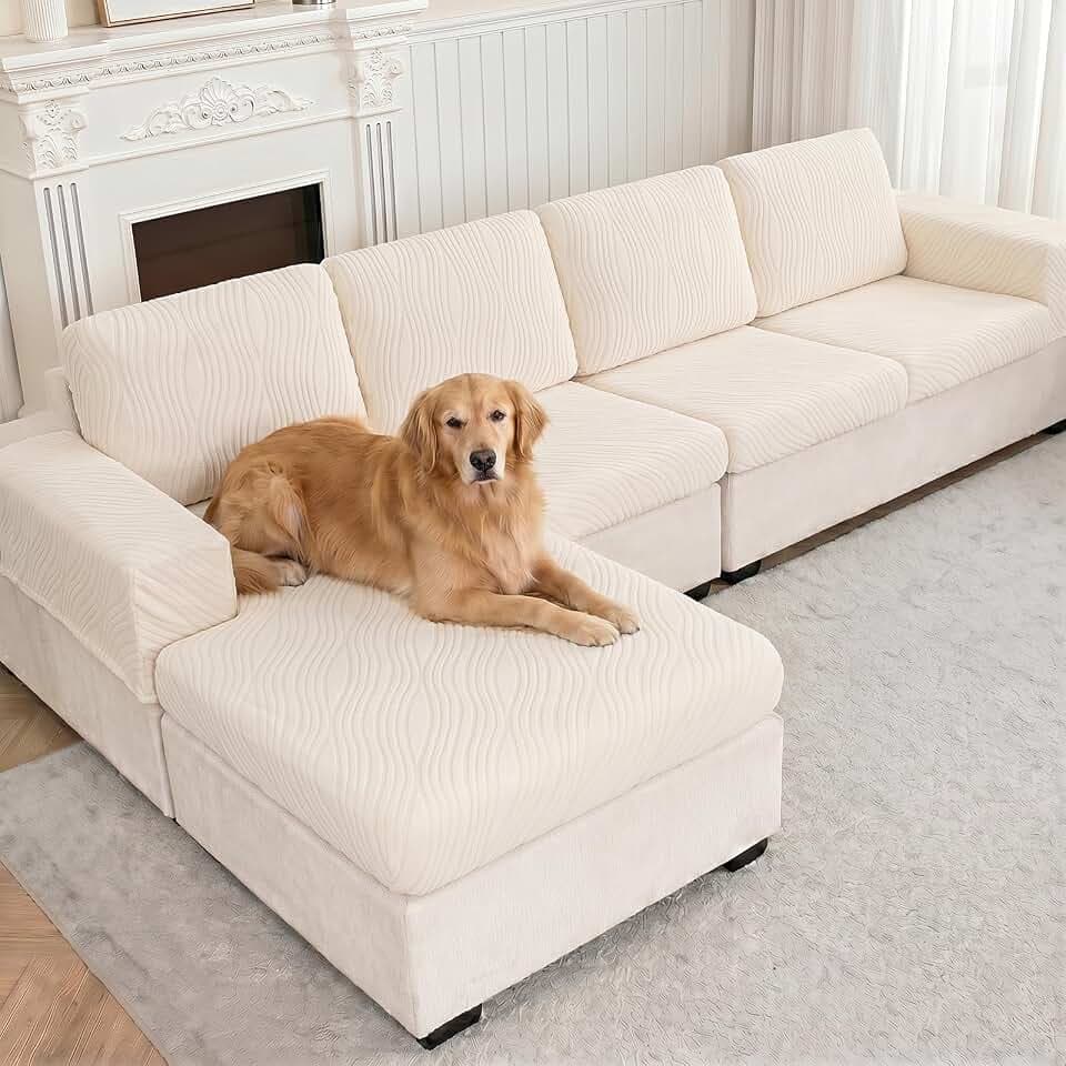 Eco-Ancheng Couch Cushion Cover Sectional Couch Covers for Sofa Chaise Couch Cushion Cover L Shaped Couch Cover Sofa Seat Cover Stretch Sofa Slipcovers for Pets(3 Seater + 1 Chaise,Beige)