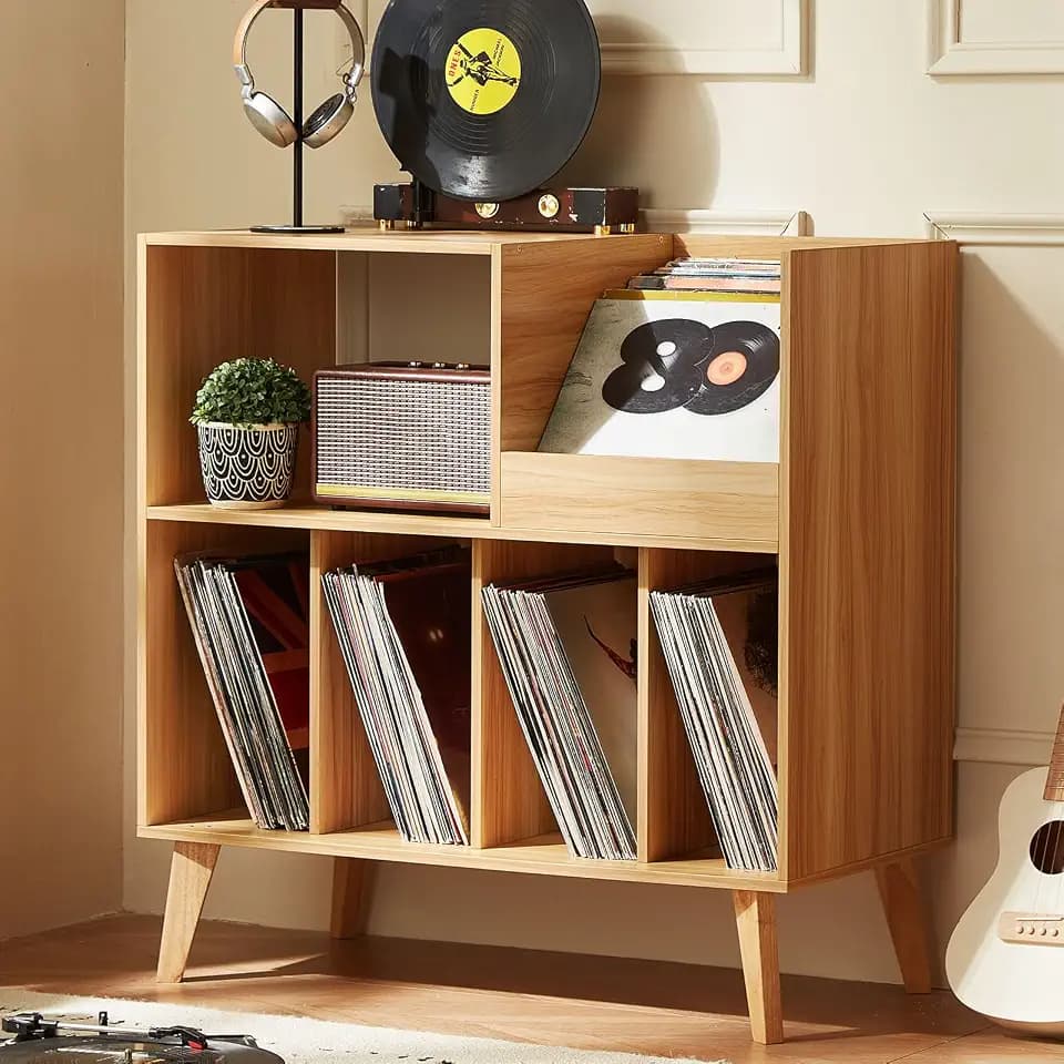 Großer Plattenständer mit Aufbewahrung,Plattenspieler-Ständer mit Ablage,Vinylplatten-Halterung mit Präsentationsfläche,Plattenständer für bis zu 300 Alben, Plattenregal für Musikzimmer und Wohnzimmer