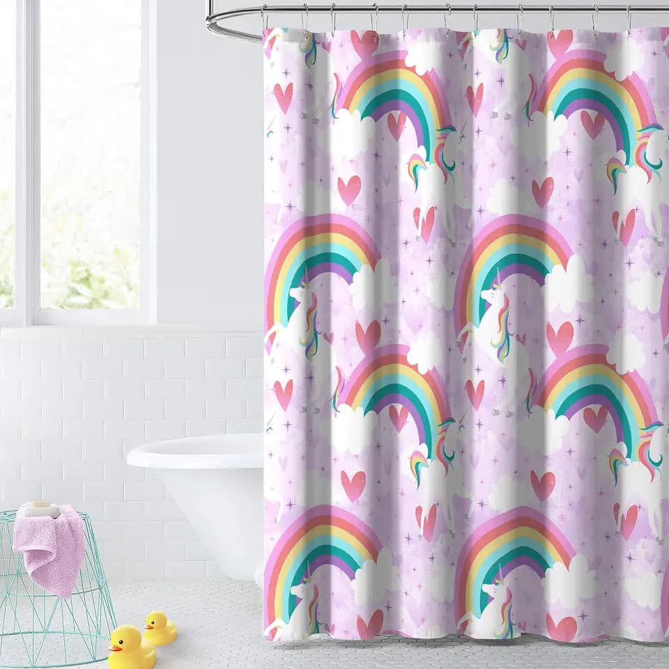 Dream Factory Kids Fabric Shower Curtain for Bathroom, 72W x 72L, Purple Unicorn Rainbow