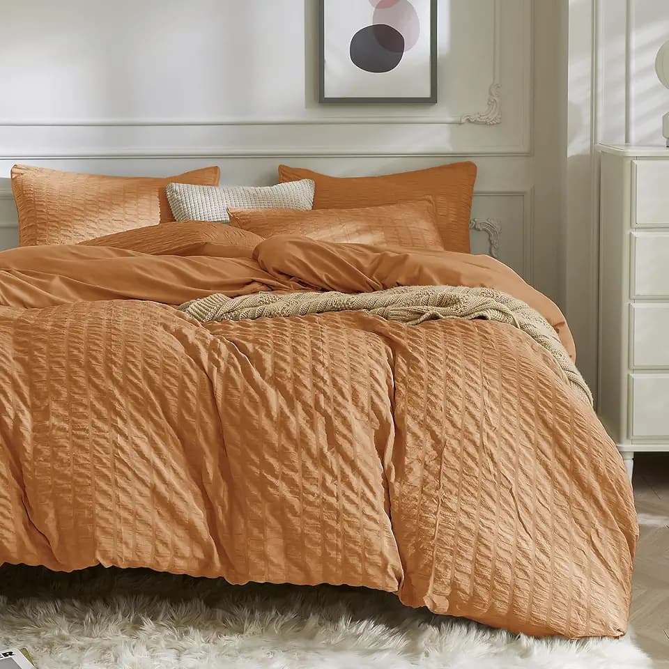 JELLYMONI Burnt Orange Seersucker Duvet Cover Set Queen Size